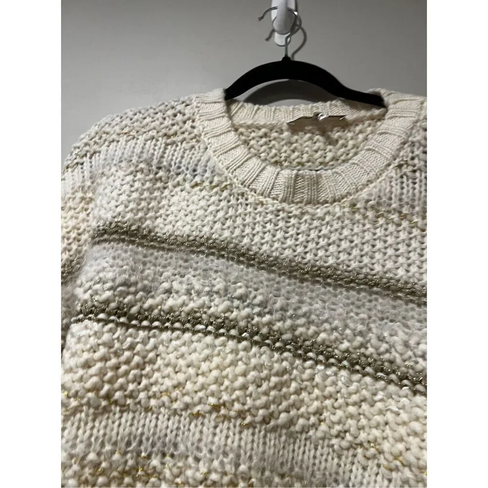 Frame Cream & Gold Striped Textured Wool Knit Sweater Size Large NWOT